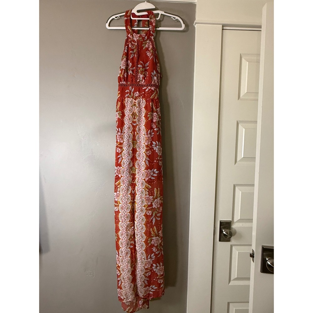 City Triangle Womens Red Floral Halter Maxi Dress Crochet Trim Open Back Medium